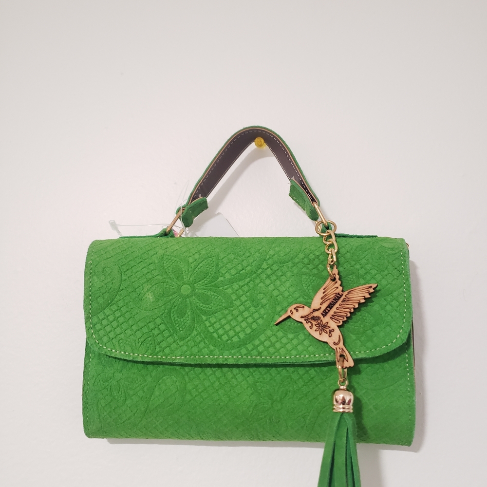Vibrant Green Embossed Clutch with Hummingbird Charm